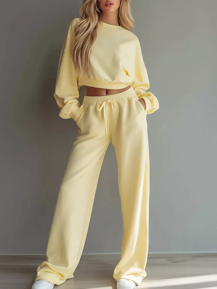lounge set in pale yellow featuring drawstring and relaxed fit
