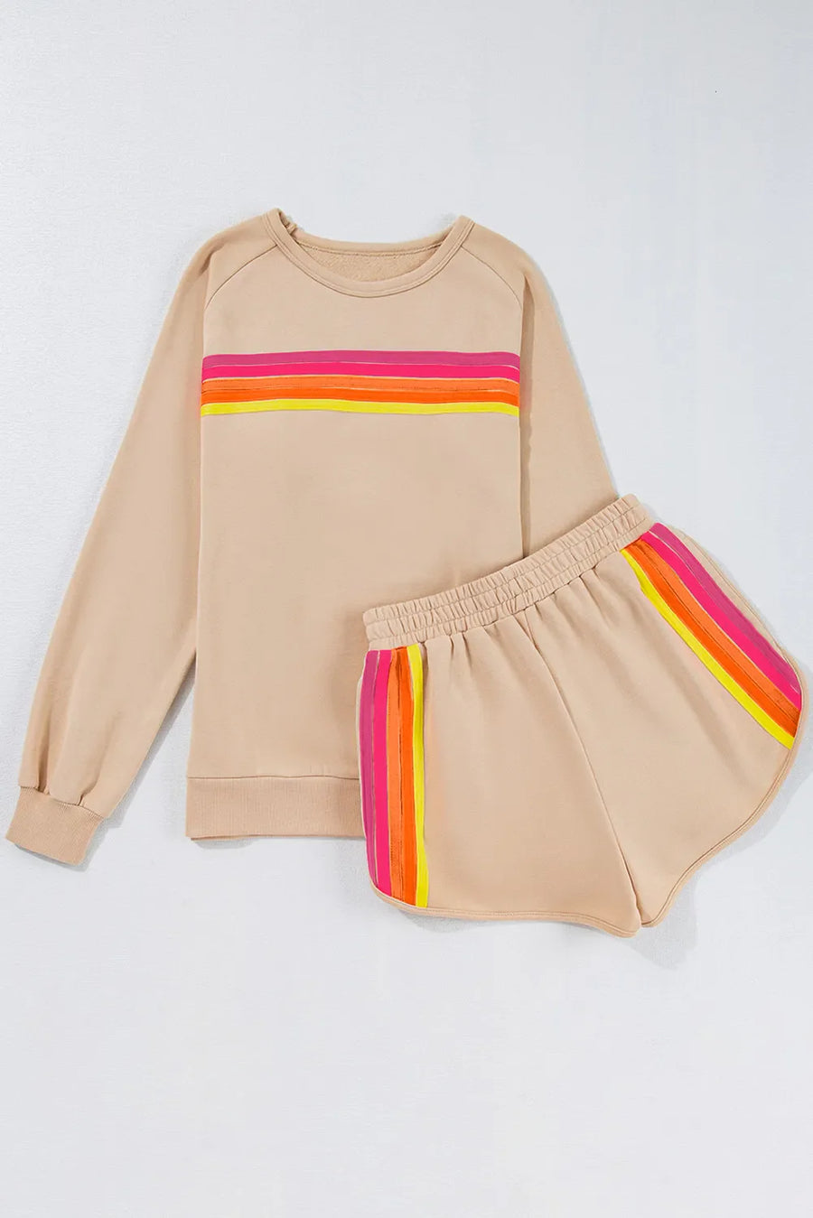 Tan loungewear set with retro stripe detail on sweatshirt and shorts