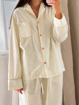 Cream pajama set with hip-length, full-length and button-front, drawstring, elastic