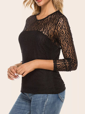 Black with Sheer Leopard Lace Long Sleeve T-shirt