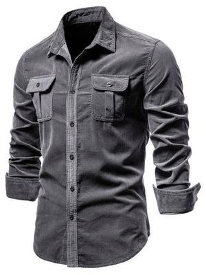 Dark Gray corduroy utility shirt with patch pockets and button-down front.
