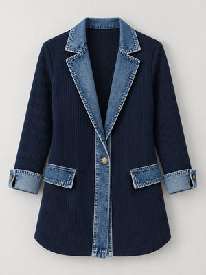 Full Size Denim Trim Ribbed Knit Cardigan in Pink