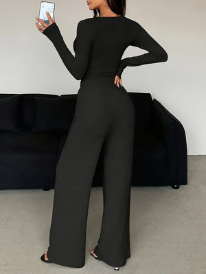 100% polyester Care instructions: Machine wash cold two-piece set in Rose Red with fitted top, wide-leg pants silhouette