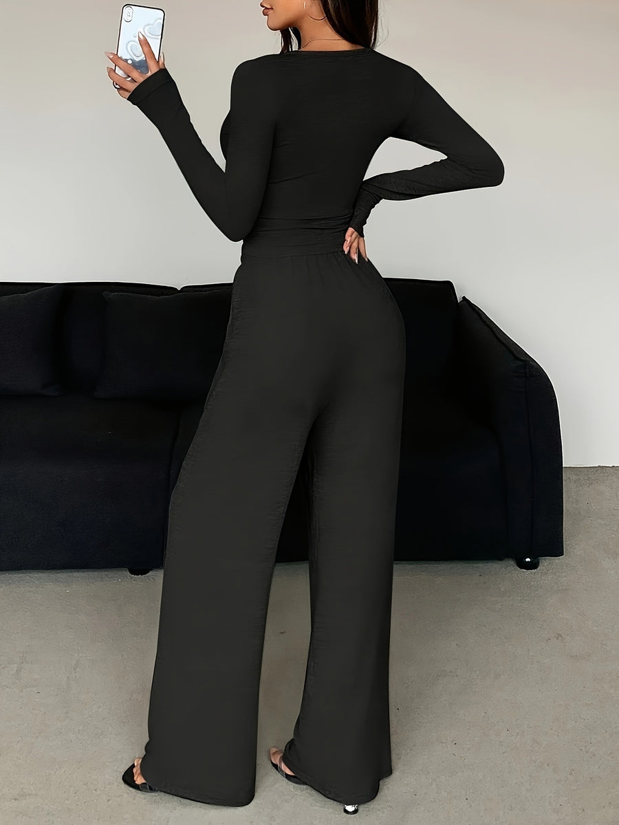 100% polyester Care instructions: Machine wash cold two-piece set in Rose Red with fitted top, wide-leg pants silhouette