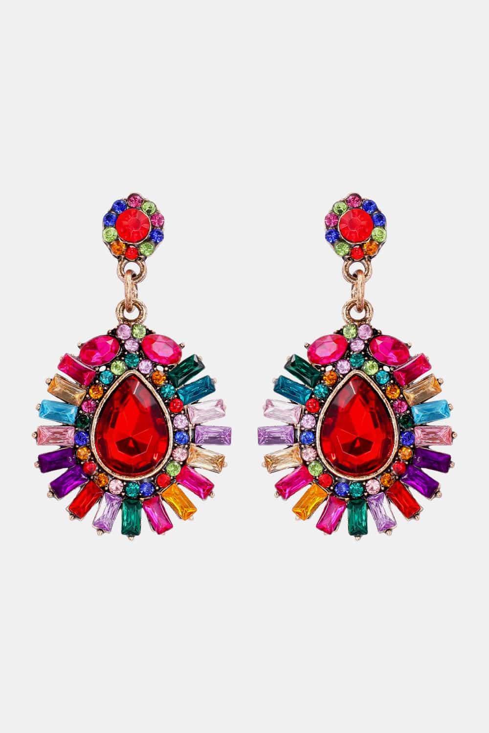 Radiant Gemstone Burst Dangle Earrings with multicolor and red teardrop gem.
