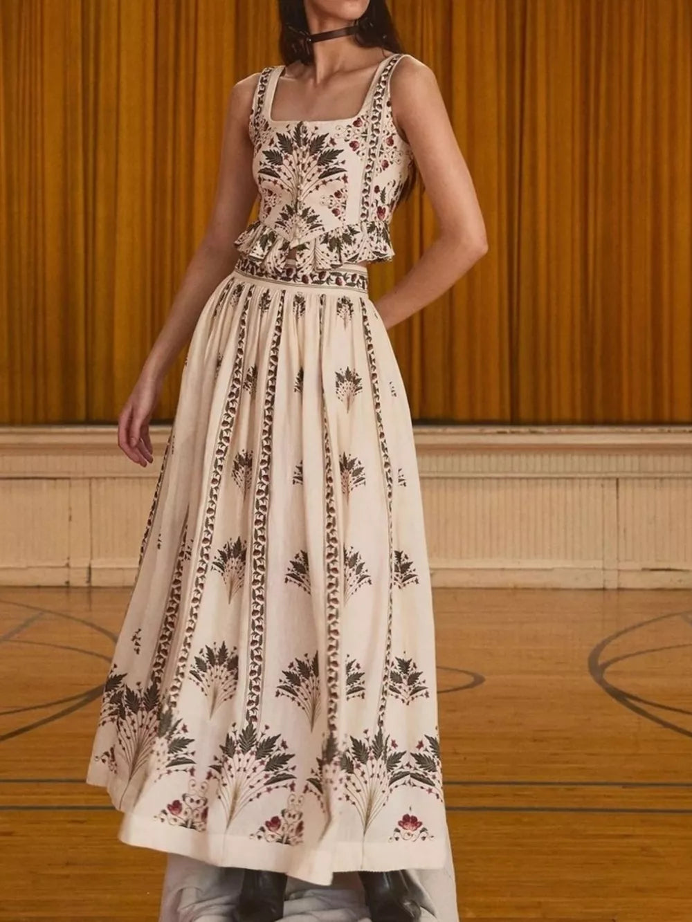 cream two-piece set with floral and square neck