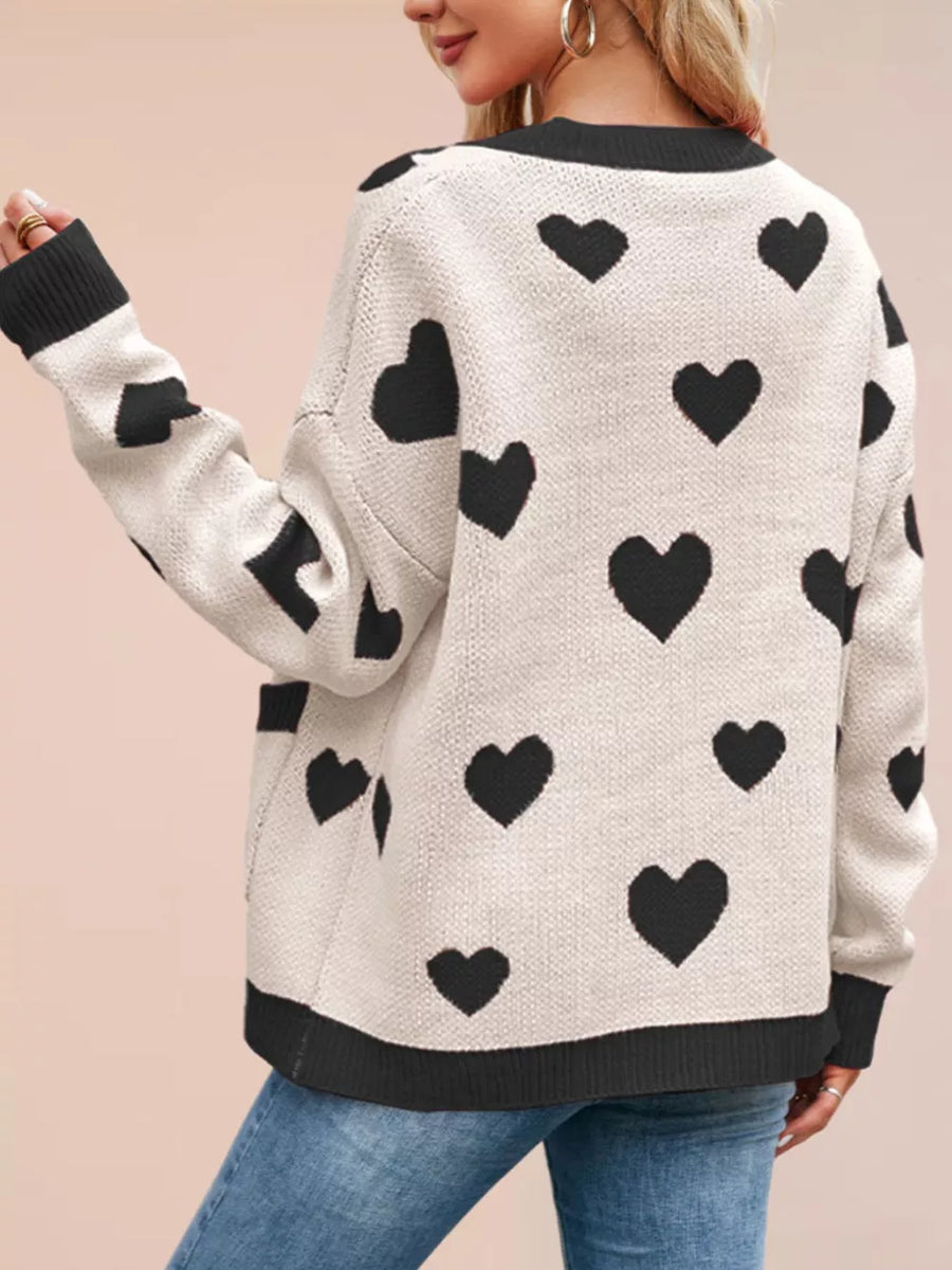 Heart Pattern V-neck Button-down Knit Cardigan in Black with buttoned