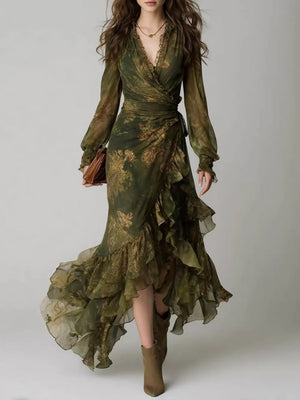 olive green wrap dress with floral and v-neck