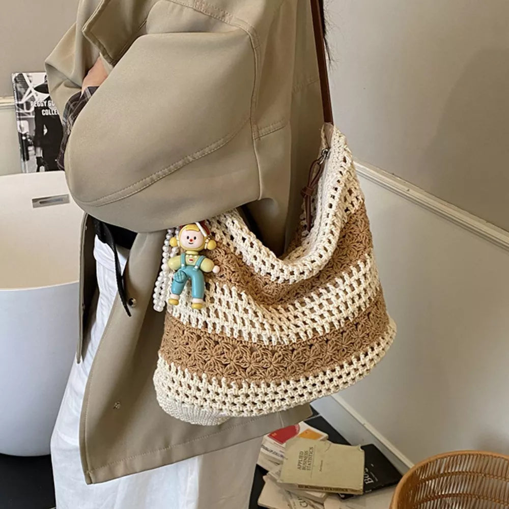 Beige Crochet Knit Shoulder Bag