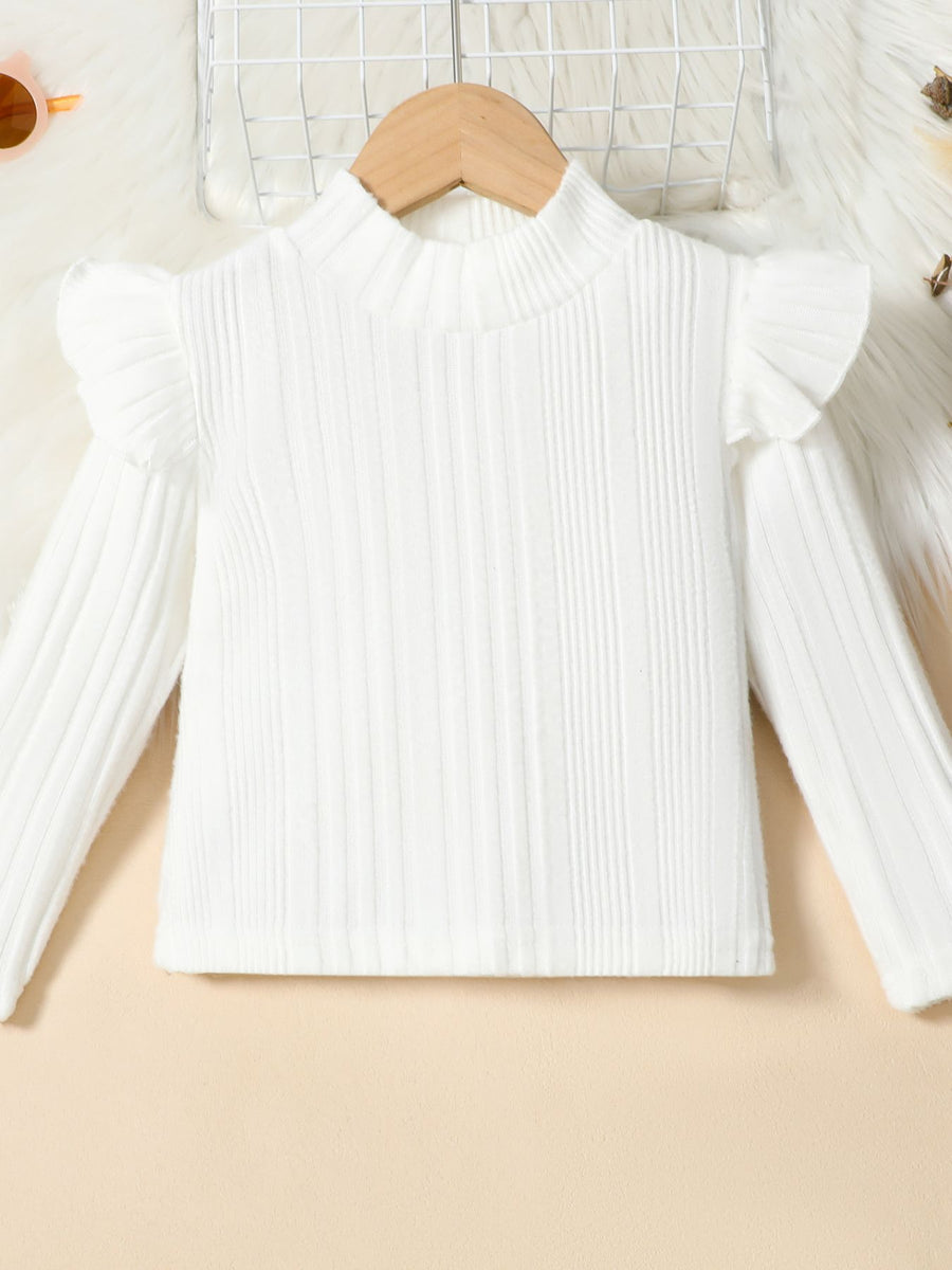 White ribbed knit baby top with ruffled sleeves and mock neck