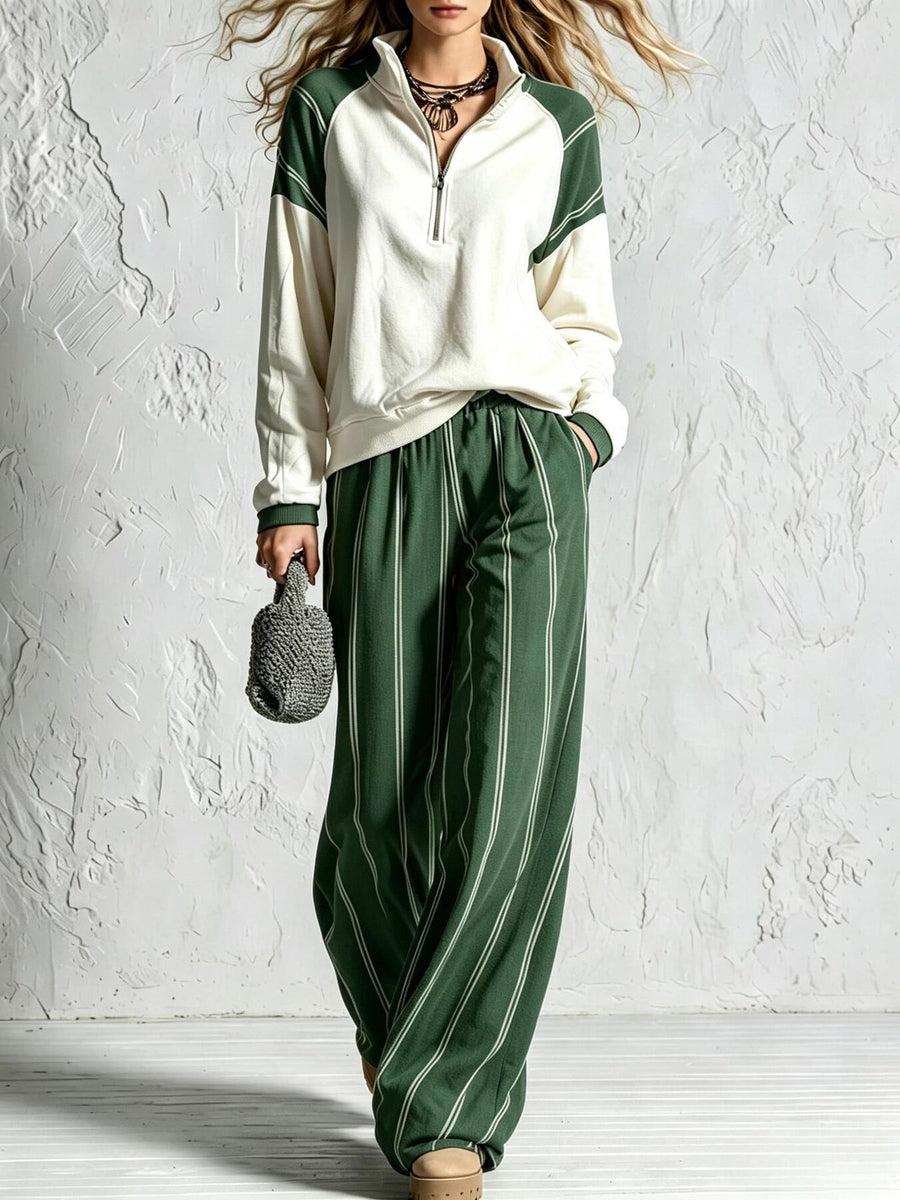 dark green lounge set with striped and mock neck