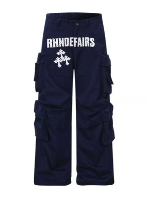 Navy blue cargo pants with white graphic text and emblem, featuring multiple pockets.
