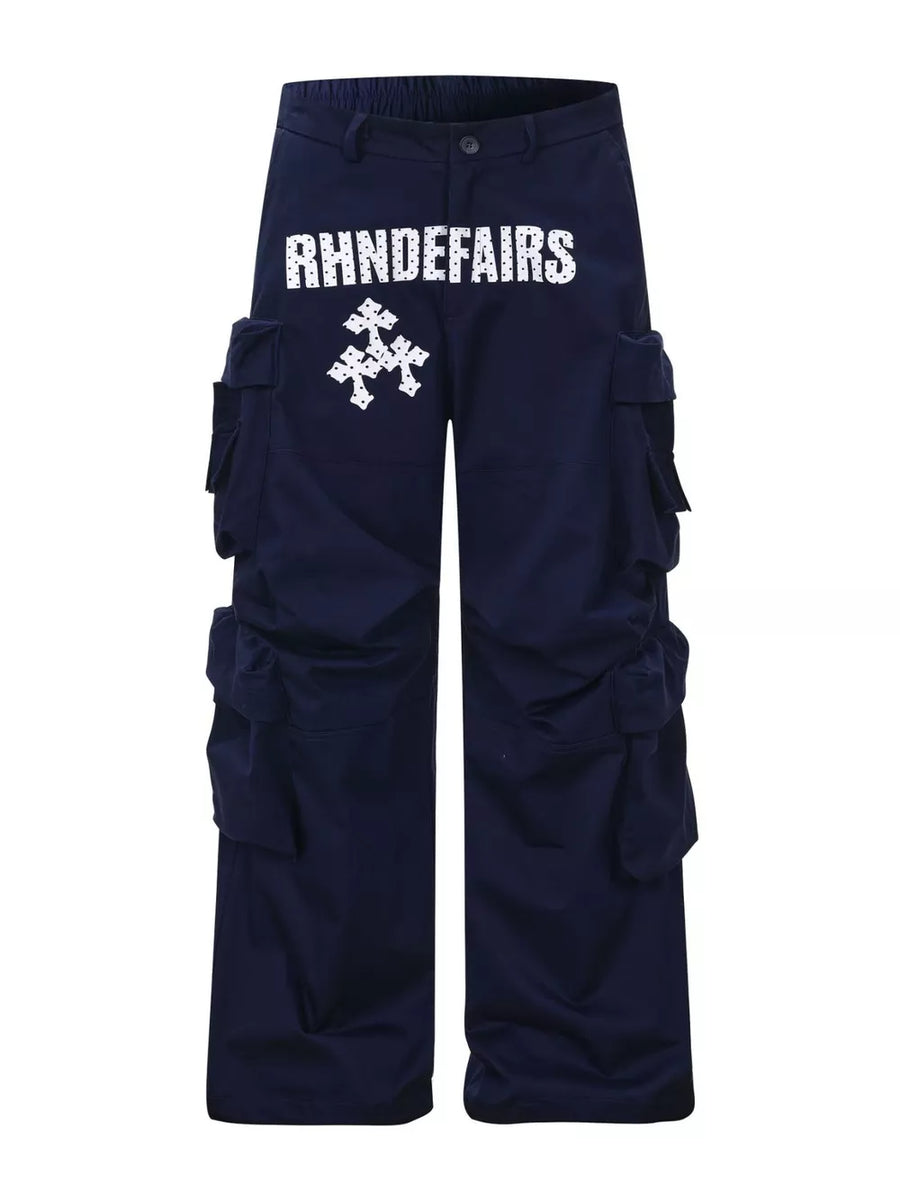 Navy blue cargo pants with white graphic text and emblem, featuring multiple pockets.