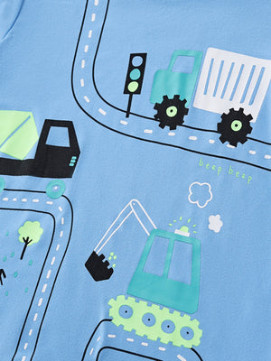 Blue toddler t-shirt with construction vehicles, traffic light, and "beep beep" text print.