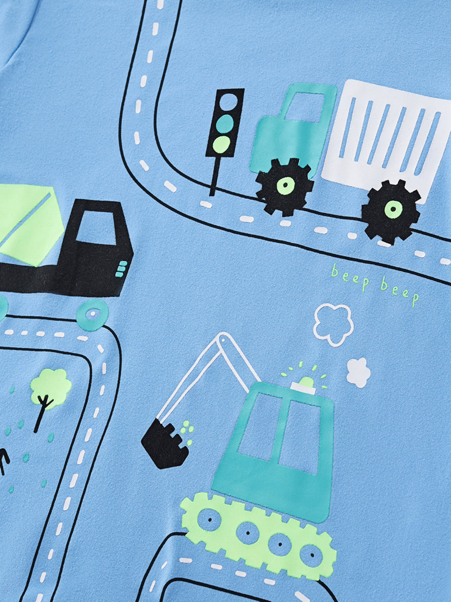 Blue toddler t-shirt with construction vehicles, traffic light, and "beep beep" text print.