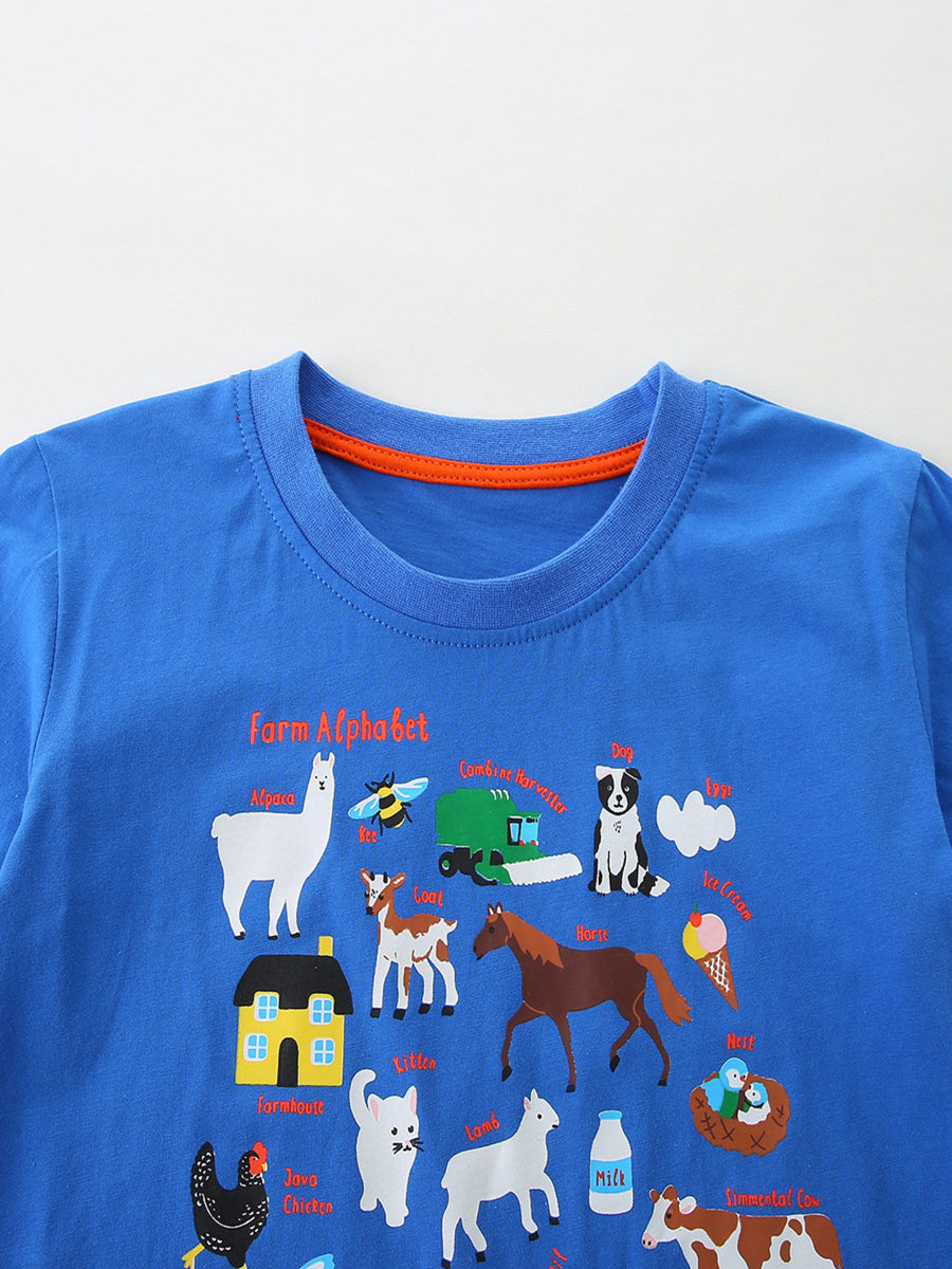 Blue t-shirt with playful farm alphabet graphic featuring animals and farm equipment.