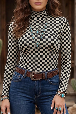 Plaid Stand Neck Long Sleeve Mesh Top option 5