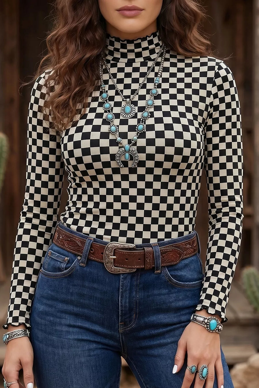 Plaid Stand Neck Long Sleeve Mesh Top option 5