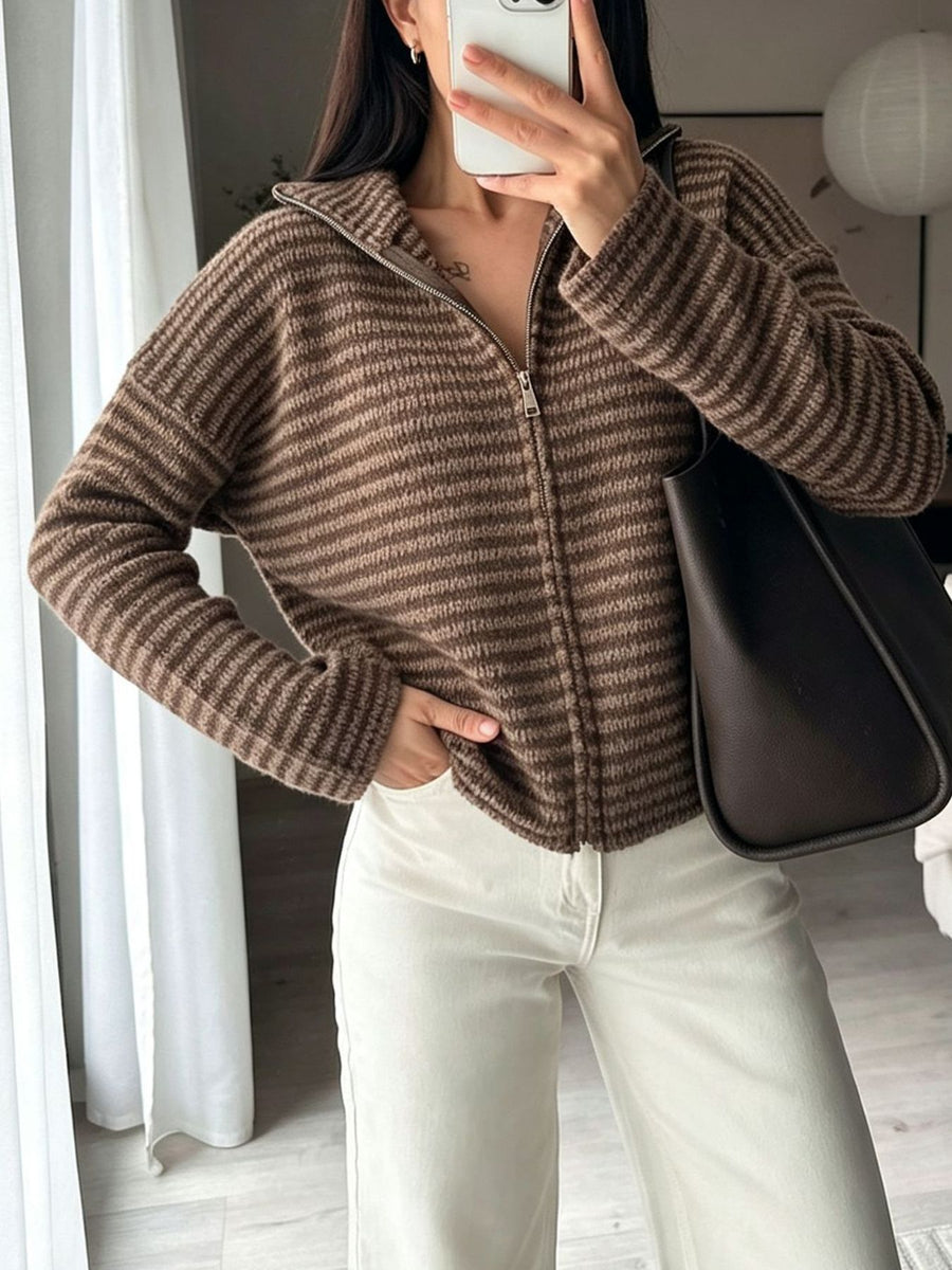 Striped Zip-Up Knit Cardigan in Apricot with zipper