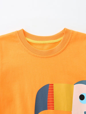 Orange cotton crew neck t-shirt with colorful toucan graphic detail.