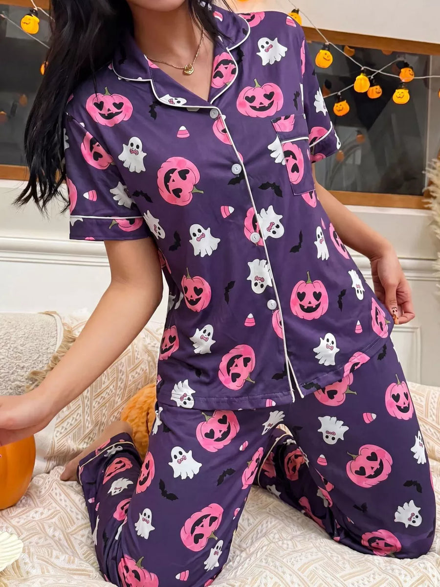 Purple pajama set with button-front and pumpkin print