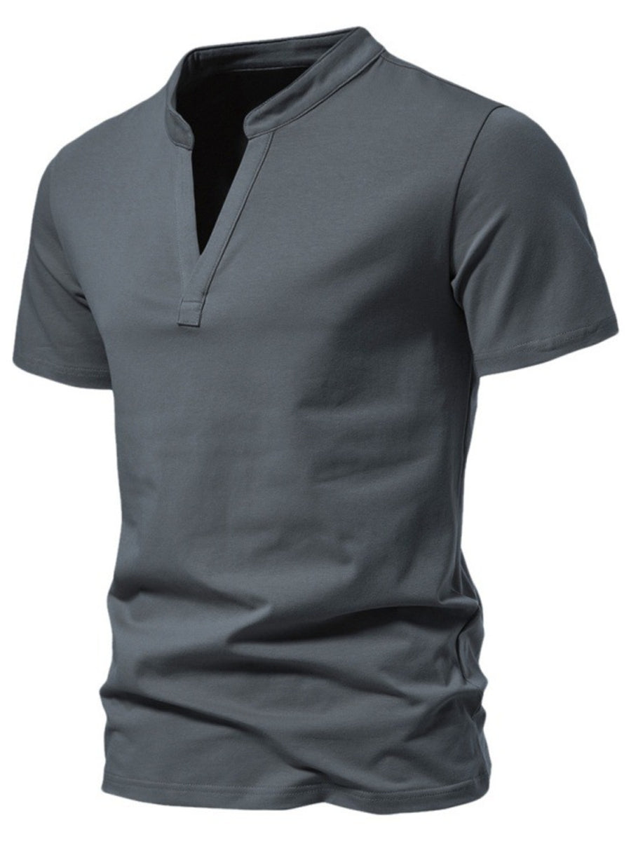 Men's dark gray cotton short sleeve henley t-shirt with a V-neck and stand-up collar.