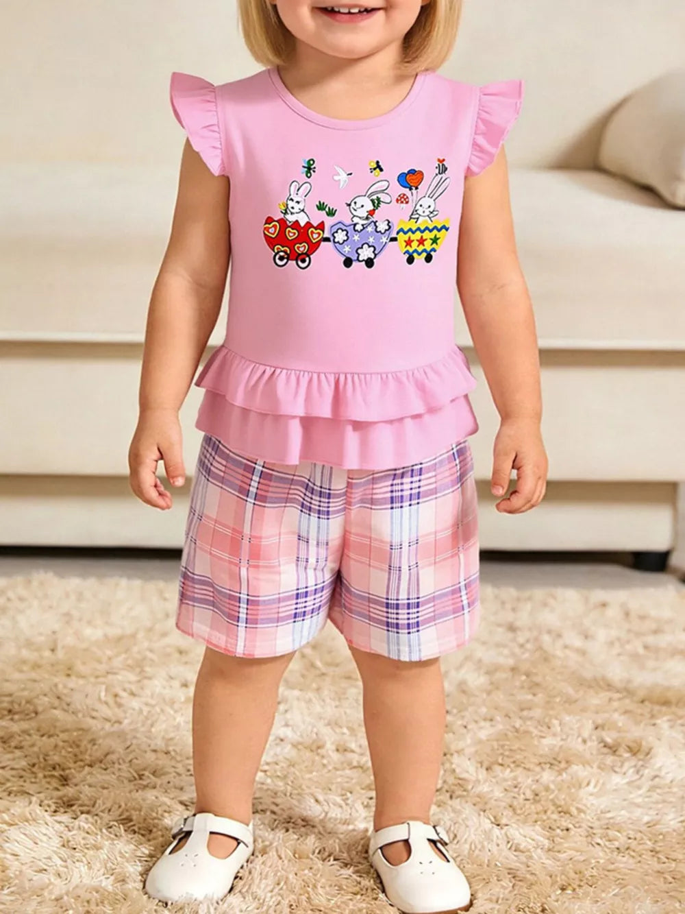 Pink bunny train ruffle top and pink plaid shorts set for girls