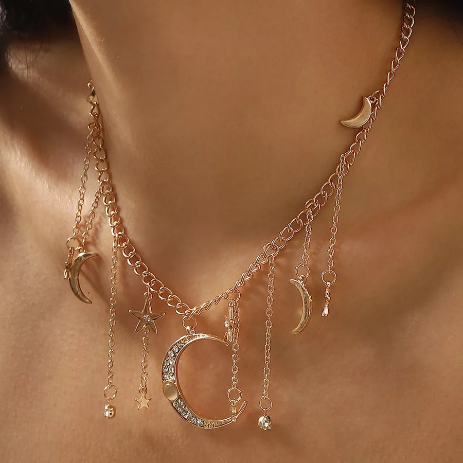 necklace in gold featuring moon charms and straight fit