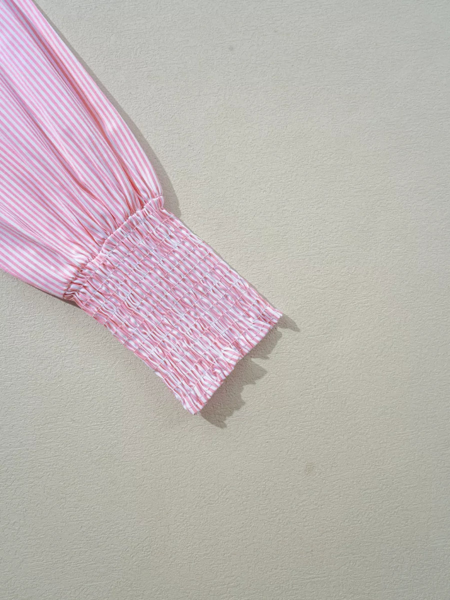 Pink and white striped long sleeve shirt with smocked cuff