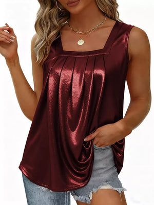 Wine red square neck tank top with front pleats and metallic sheen