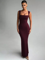 Wine red bodycon maxi dress with square neckline and ruched detail.