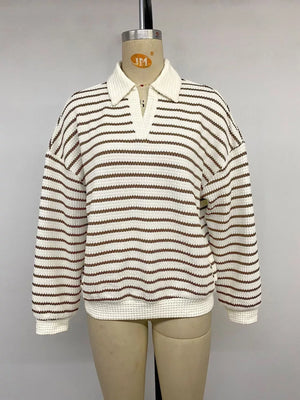Striped Polo Collar Knit Sweatshirt in Coffee Brown with polo collar