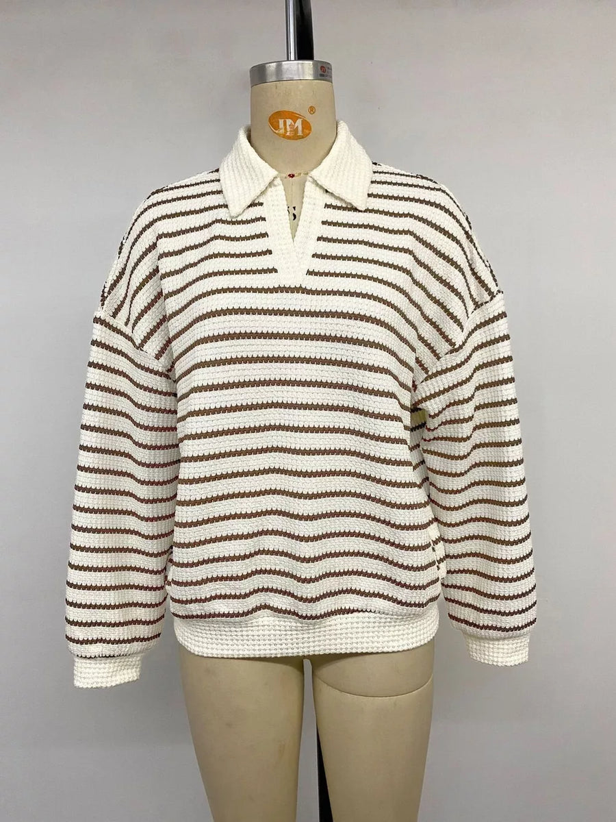 Striped Polo Collar Knit Sweatshirt in Coffee Brown with polo collar