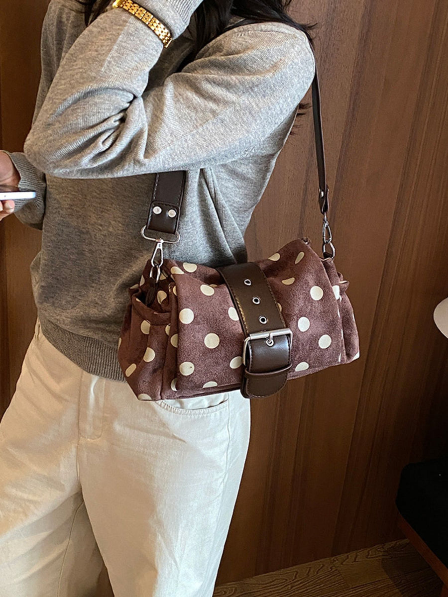 chocolate brown PU Leather Imported Size &amp shoulder bag with polka-dot and zip