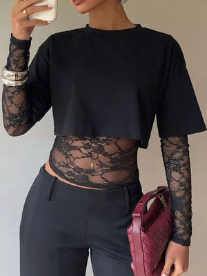 Black Lace Patchwork Short Sleeve T-shirt