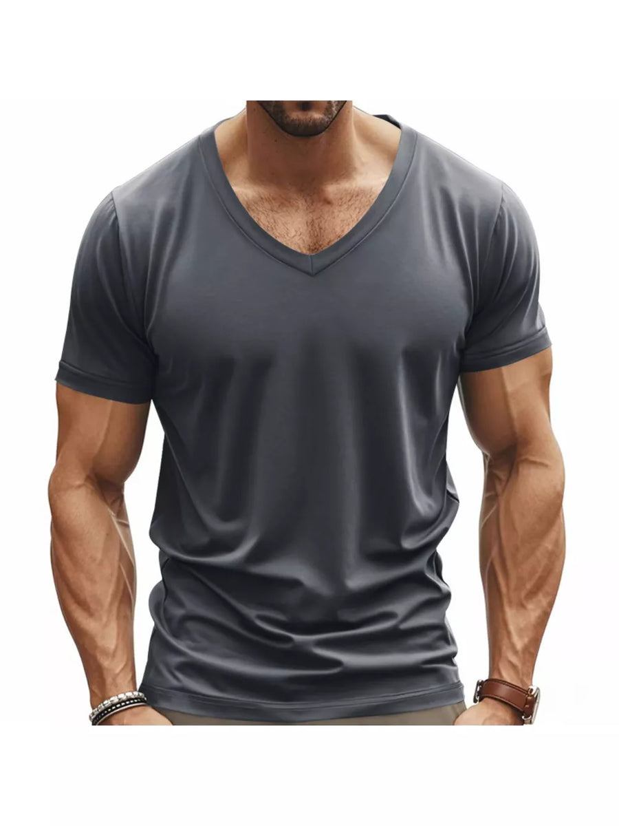 Men's dark gray slim fit v-neck t-shirt with short sleeves.