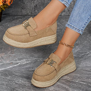 Chic round toe platform loafers in apricot with gold buckle detail and espadrille sole.