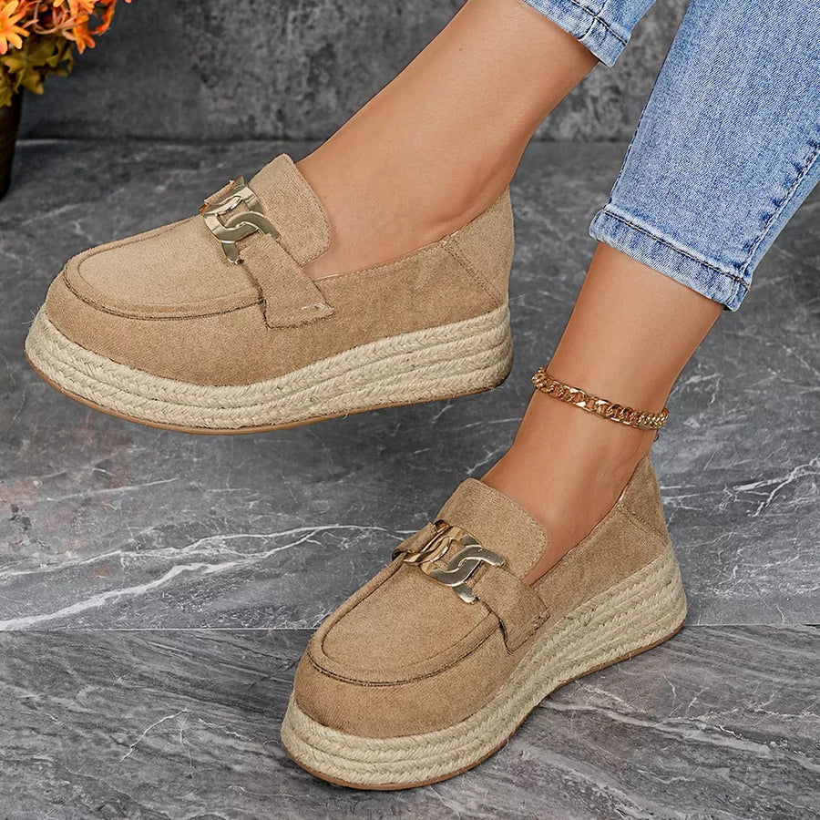 Chic round toe platform loafers in apricot with gold buckle detail and espadrille sole.