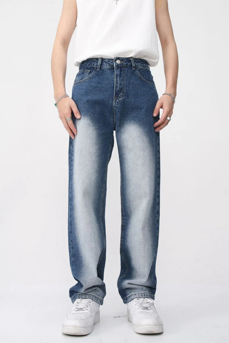 Baggy jeans in medium faded wash denim with a relaxed fit.