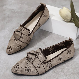 Knitted pointed flats in Khaki with all-over floral logo pattern and bow detail.