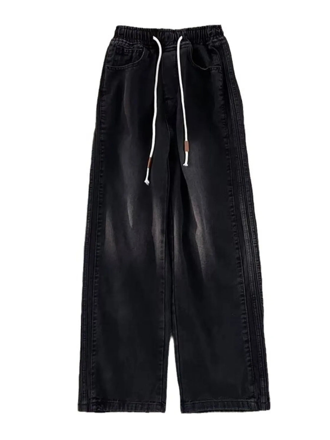 Black wide-leg drawstring jeans with a relaxed fit and denim material.