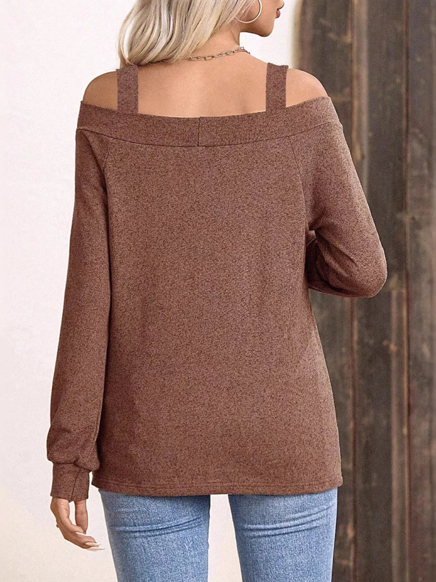 Brown with Cold Shoulder Long Sleeve T-shirt in Brown
