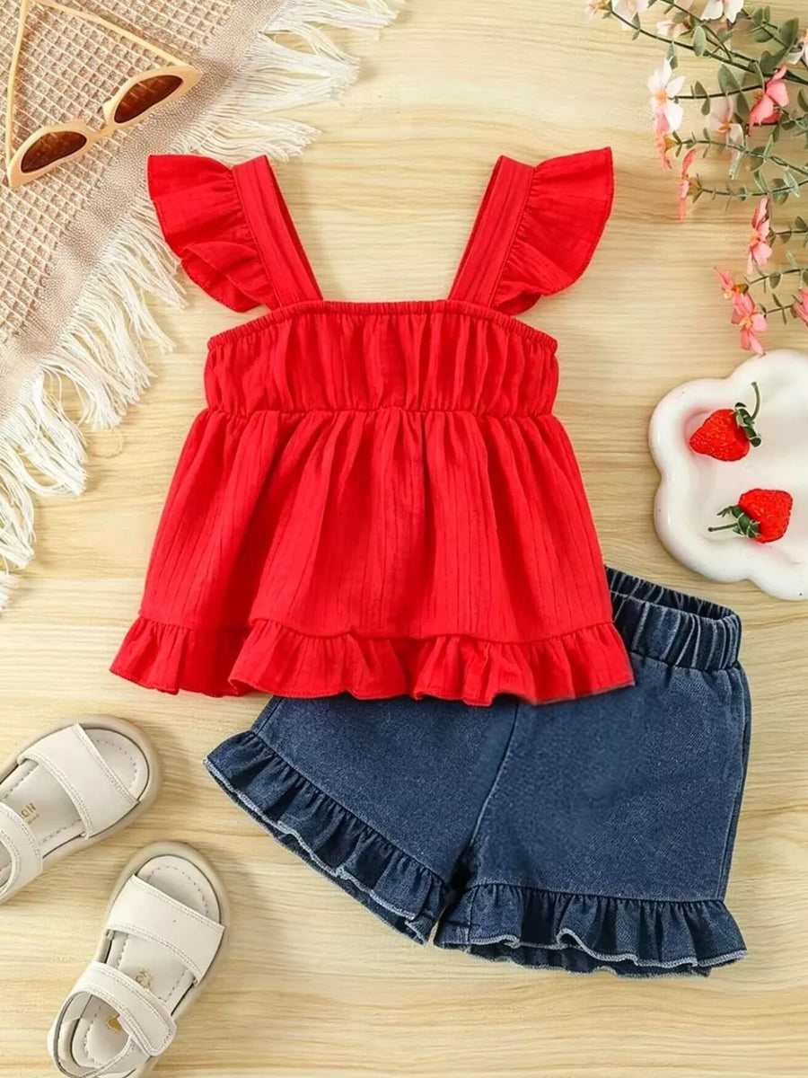 Children's Strawberry Crochet Trim Top & Denim Shorts Set option 8