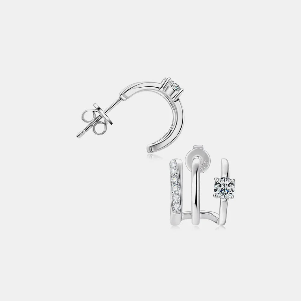 Silver triple-bar stud earrings with clear crystals