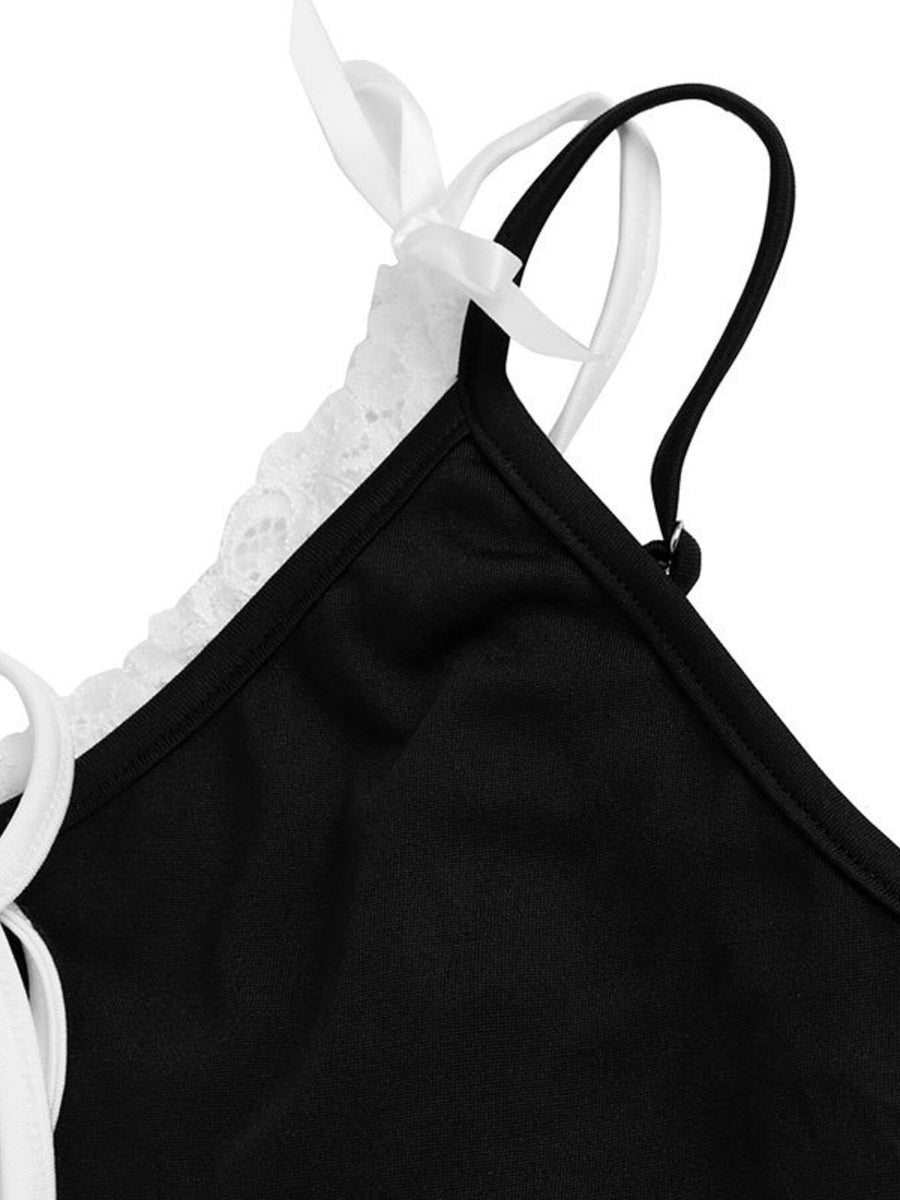 Black lace trim tie-front capri romper with white ribbon ties and adjustable straps.