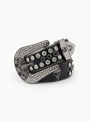 Black leather belt with crystal skull embellishments and silver studs
