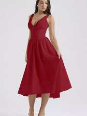 Deep Red V-neck midi dress with ruched bodice and tie detail, A-line skirt.