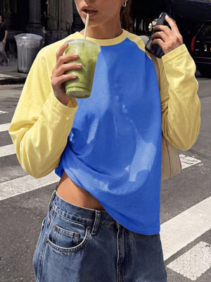 royal blue t-shirt with color-block and round neck