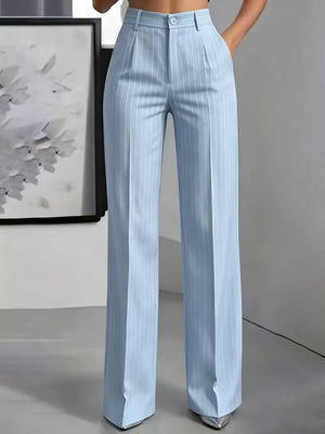 Silver wide-leg pants with full-length and button-front