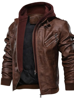 Men's Full Size Hooded Faux Leather Motorcycle Jacket in Brown